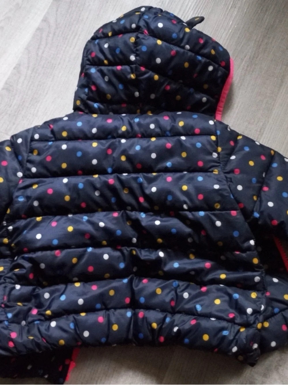 GAP Navy Puffer Jacket with Multicolor Polka Dots and Pink Trim